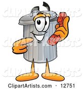 Garbage Can Mascot Cartoon Character Holding a Telephone