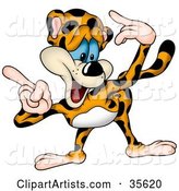 Goofy Leopard Bending Forward and Pointing to the Left with Both Hands