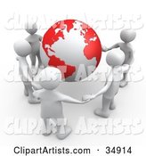 Group of Five White People Holding Hands Around a Globe with Red Continents