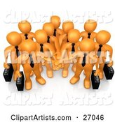 Group of Orange Business People Carrying Briefcases and Standing with Their Hands Piled, Symbolizing Teamwork, Cooperation, Support, Unity and Goals