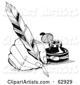 Hand Writing with a Feather Quill near a Bottle of Ink