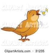 Happy Brown Bird Singing or Whistling, with a Yellow Note