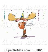 Happy Moose Wearing a Hat and Blowing a Noise Maker at a Birthday or New Years Eve Party
