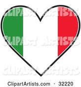 Heart Shaped Green, White and Red Tricolor Italian Flag, on a White Background