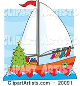 Humorous Scene of a Sailing Sailboat with Hung Stockings, a Wreath Around the Window and Gifts Under a Christmas Tree