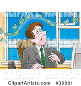 Money Floating Above a Businessman at His Desk