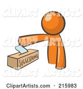 Orange Man Design Mascot Inserting a Suggestion Note into a Box