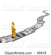 Orange Man Walking on a Path of Banknotes, Symbolizing Debt, Investing and Wealth