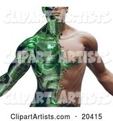 Part Man, Part Robot Muscular Guy with Green Circuits Covering His Skin