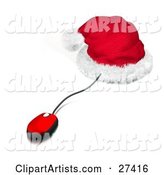 Red and Black Corded Computer Mouse Sticking out of a Santa Hat, Symbolizing Christmas Shopping Online