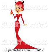 Red Haired Devil Woman in a Long Red Dress, Holding a Ball of Fire