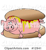 Relaxed Pig Covered in Mustard and Ketchup, Lying in a Hamburger Bun