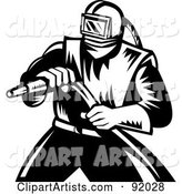 Retro Black and White Sand Blaster Man Holding a Hose