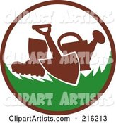 Retro Gardening Logo with a Spade Shovel, Boot and Watering Can