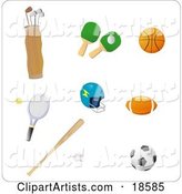 Set of Athletic Gear Including Golf Clubs, Ping Pong Paddles, a Basketball, Tennis Racket, Helmet, Football, Baseball and Bat and Soccer Ball