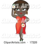 Sexy Black Woman in a Red Slit Dress, Wearing a White Daisy in Her Hair and on Her Hip, Showing Some Leg