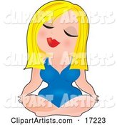 Sexy Blonde Caucasian Woman in a Blue Leotard, Sitting in the Lotus Position While Doing Yoga in a Fitness Gym