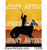 Silhouetted Cowboy on Horseback, Preparing to Swing a Whip at Sunset