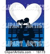 Silhouetted Romantic Couple Kissing and Making out While Sitting on a Bench Under the Stars in Front of a Full Heart Shaped Moon on Valentine's Day