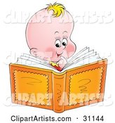 Smart Blond Baby Smiling and Reading a Book