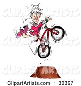 Spunky Old Granny in a Pink Dress, Doing a Seat Grab Stunt Trick While Catching Air off of a Ramp