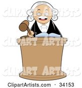 Stern Male Judge in a White Wig, Standing Behind a Podium and Banging His Gavel During Court