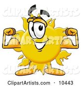 Sun Mascot Cartoon Character Flexing His Arm Muscles