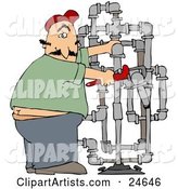 Surprised Male Plumber Turning with a Shocked Expression, Caught with His but Crack Showing While Fitting Pipes