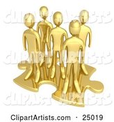 Team of Gold People Standing on Top of a Jigsaw Puzzle Piece, Symbolizing Teamwork, Solutions and Challenges