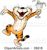 Tipsy Tiger Dancing and Holding a Glass of Champagne at a Party