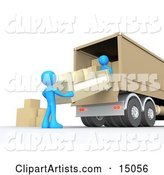 Two Blue Male Figures Lifting and Loading or Unloading a Beige Living Room Sofa and Boxes into a Brown Moving Truck