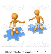 Two Orange People on Blue Puzzle Pieces, Reaching out for Eachother to Connect, Symbolizing a Connection, Link Exchange and Teamwork
