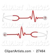 Two Red and Silver Stethoscopes with Heart Rate Waves Traveling down the Cord