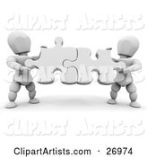 Two White Characters Holding White Jigsaw Puzzle Pieces and Fitting Them Together