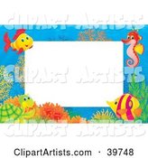 Underwater Stationery Border of Tropical Fish, a Seahorse and Turtle at a Coral Reef
