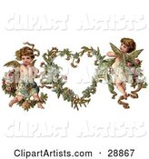Vintage Valentine of Two Adorable Cupids with Roses Beside a Gilded Forget Me Not Valentine Heart Wreath