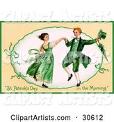 Vintage Victorian St Patrick's Day Scene of a Happy Young Irish Couple Dressed in Green and Dancing, Circa 1909
