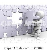 White Character Inserting the Final Jigsaw Puzzle Piece into a Wall