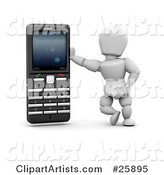 White Character Leaning Against a Black and Silver Cell Phone, over White