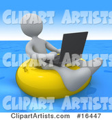 White Person, a Workaholic, Floating on a Yellow Inner Tube in the Ocean While Typing on a Laptop Computer