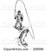 A Retro Black and White Wading Fisherman Reeling in a Fish