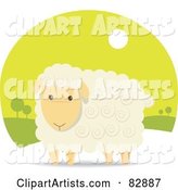 Adorable Beige Sheep with Swirls in His Hair, in a Green Landscape