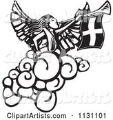 Angel Playing a Trumpet Black and White Woodcut