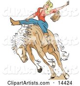 Attractive Blonde Cowgirl Riding a Bucking Bronco Horse in a Rodeo