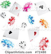 Background of Falling Ace Playing Cards, Poker Chips and Dice
