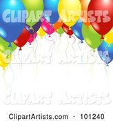 Background of Shiny Party Balloons and Colorful Ribbons over White