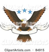 Bald Eagle Perched on a Blank White Banner Under Three Blue Stars