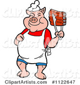 BBQ Pig Chef Holding up Ribs with Tongs