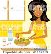 Beautiful Black Woman Preparing a Salad and Supplements in a Kitchen