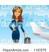 Beautiful Brunette Female Flight Attendant Posing with Luggage near a Plane with a Blue City
